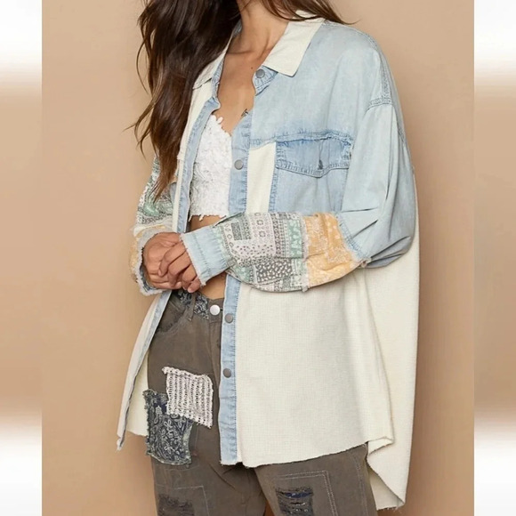 New! POL Oversized Contrast Denim Ivory Fabric Panels Button Down Shacket S - Picture 11 of 13